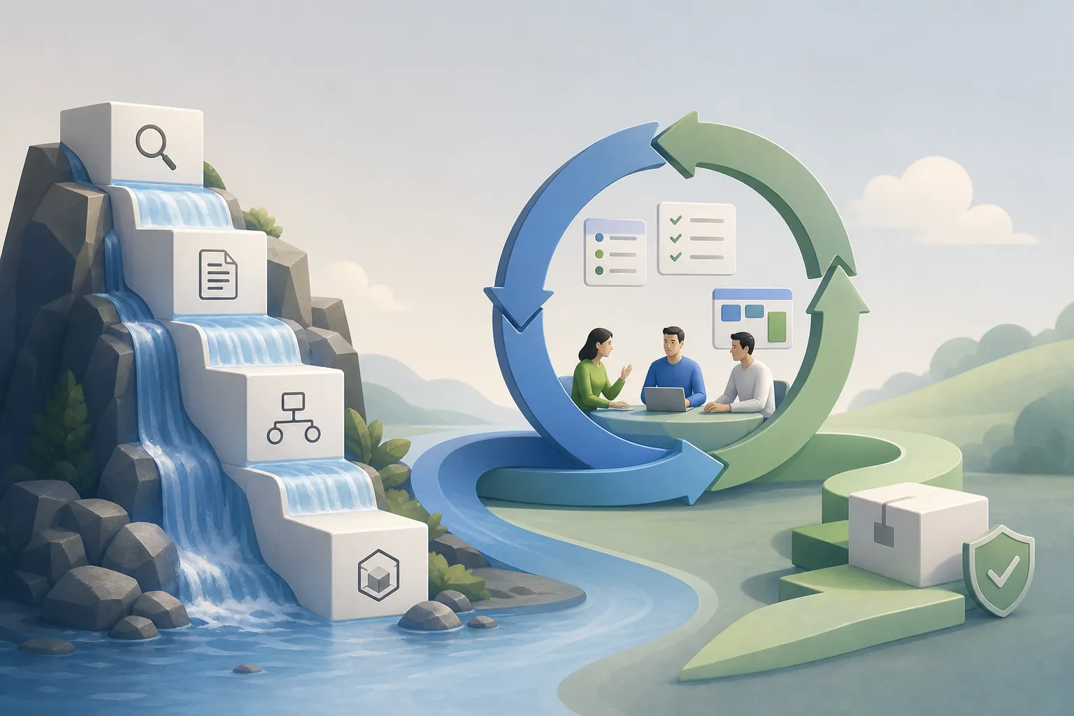 Каскадные этапы Waterfall рядом с итерационным циклом Agile