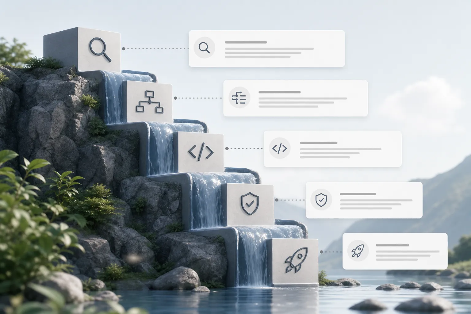 Каскад Waterfall с этапами и поясняющими карточками